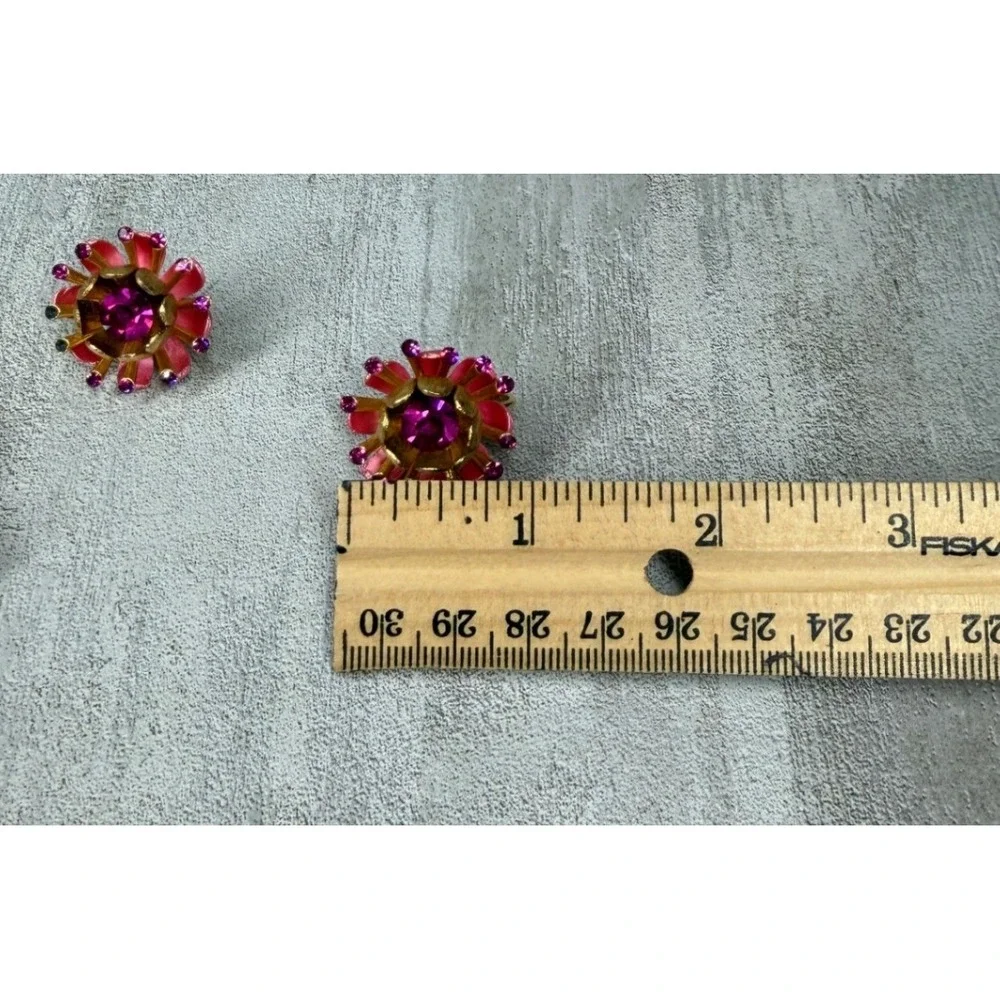 Vintage Pink Enamel Flower Brooch and Clip On Earrings Set Magenta Rhinestone